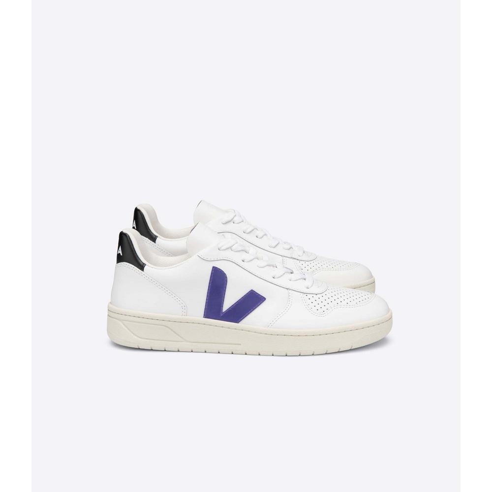 White/Purple/Black Men\'s Veja V-10 LEATHER Sneakers | AU 328VRW